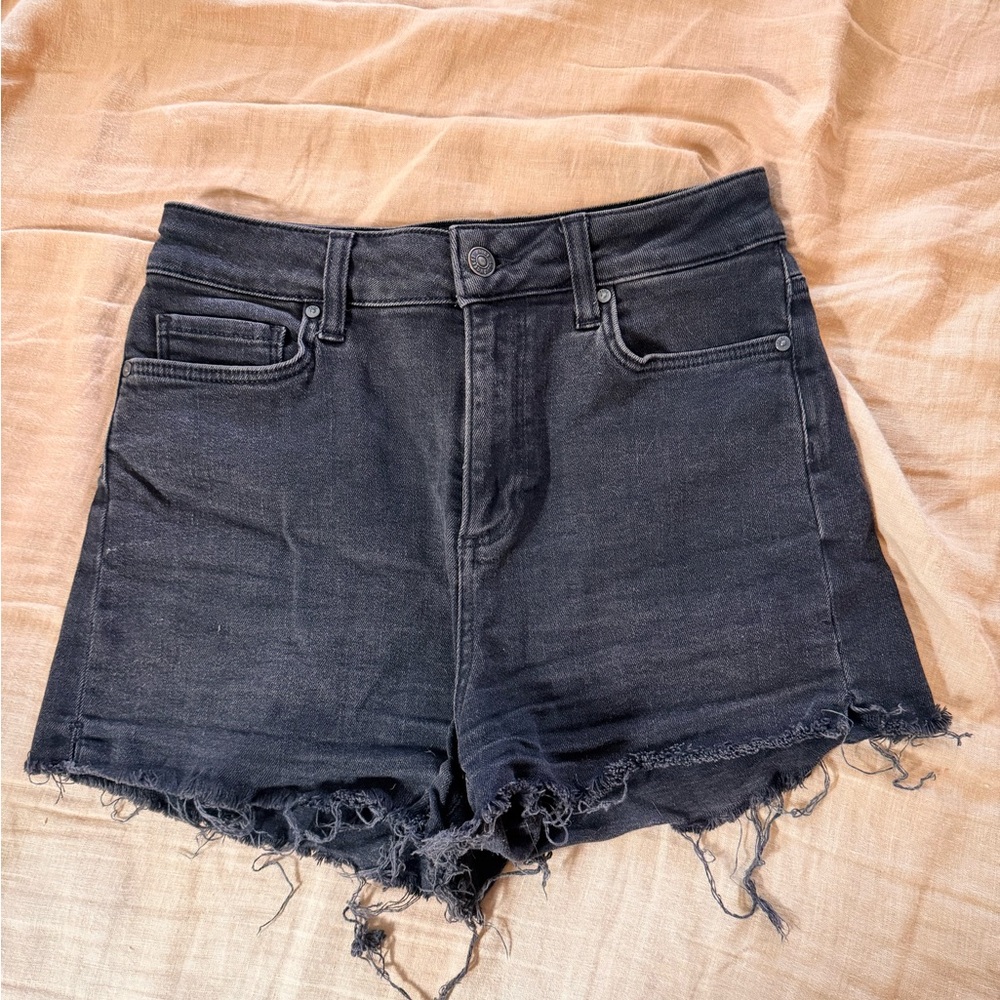 PAIGE Black Jean Shorts with Distressed Hem